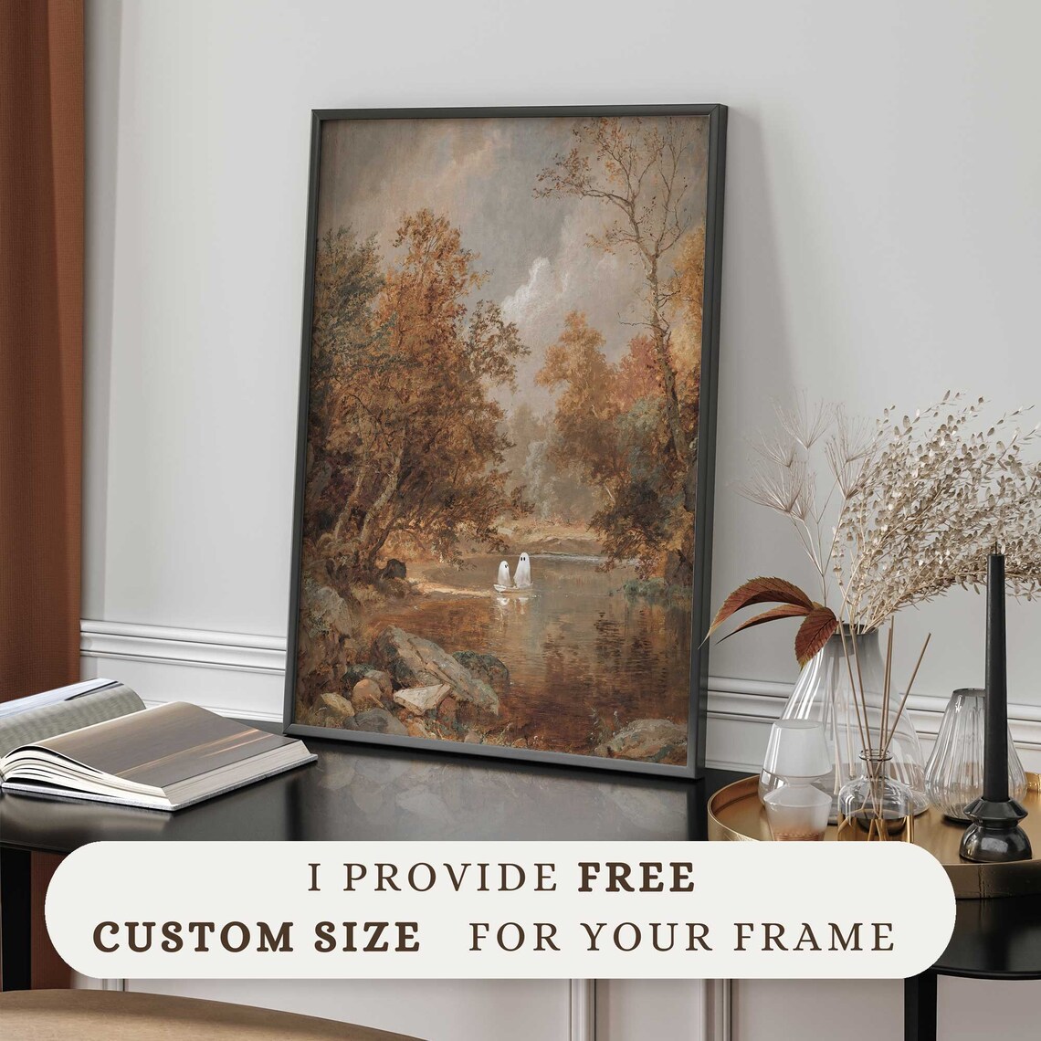Autumn Woodland Pond Two Cute Ghosts Vintage Halloween Painting Poster - Image 4