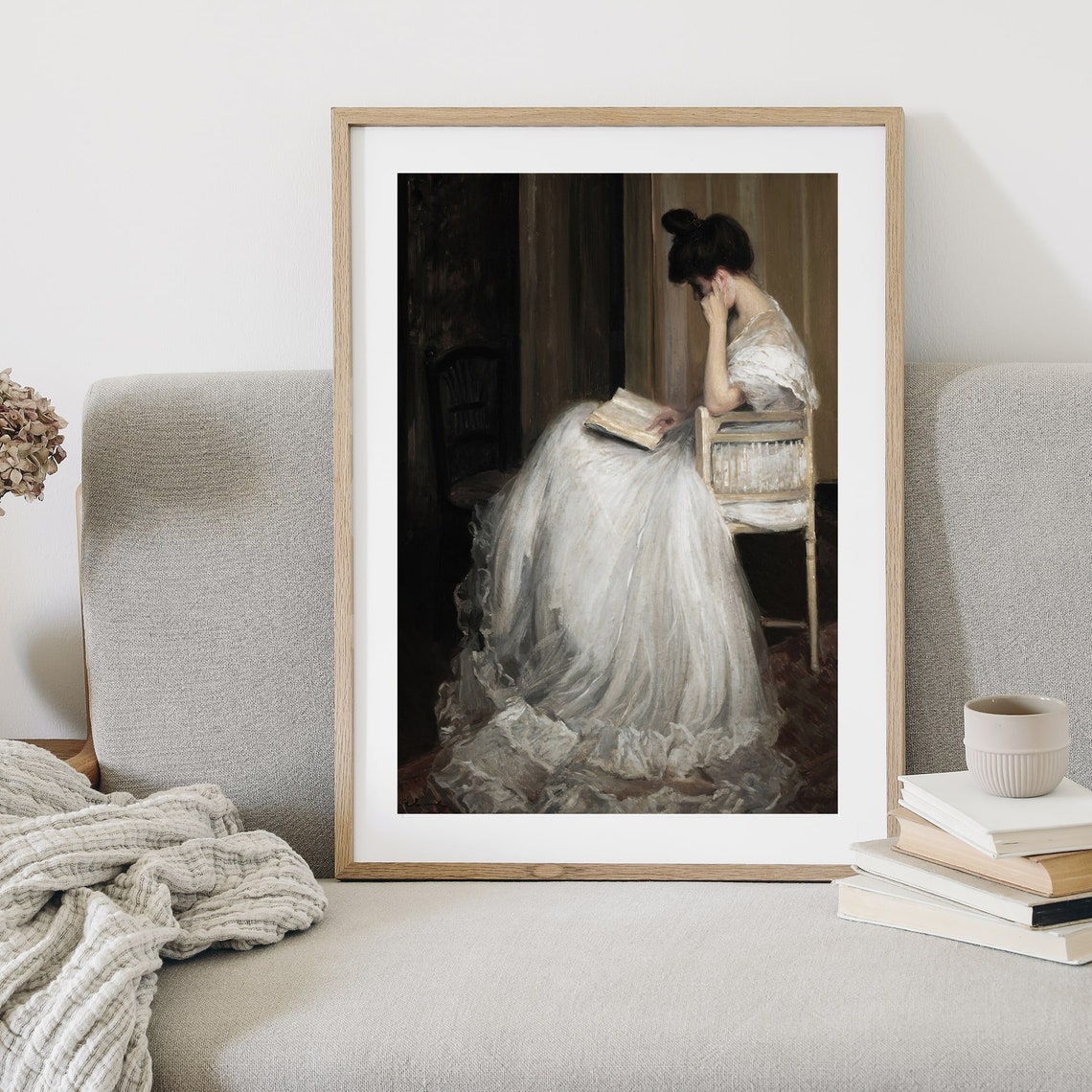 Vintage Painting Portrait Lady In White Dress Reading Book Woman Portrait European Oil Painting Wall Art A16 - Image 3