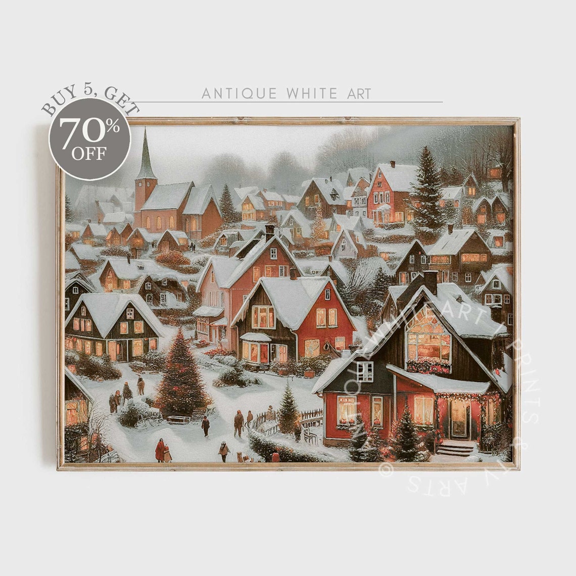 Winter Wall Art Christmas Oil Painting Snowy Village Print Festive Holiday Home Decor Farmhouse Christmas W40