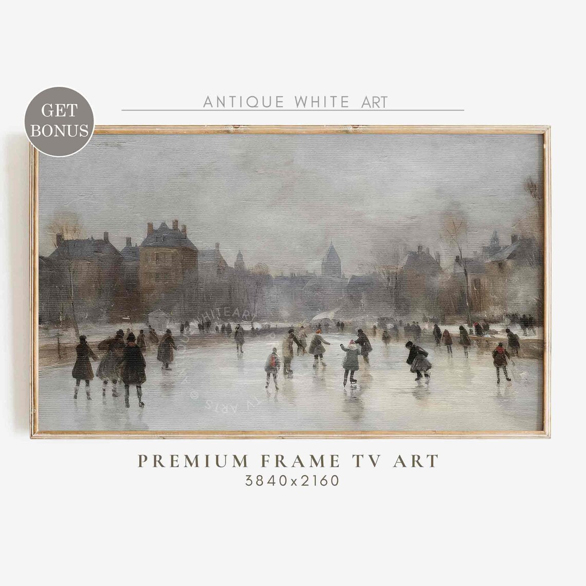 Rustic Frame Tv Art Winter Ice Skating Seasonal Rustic Oil Painting Art For Tv Farmhouse Tv Art Vintage Decor Wa58
