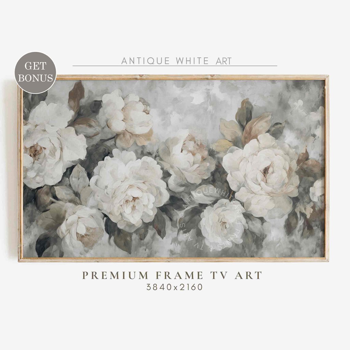 White Peony Garland Grey Wash Vintage Botanical Floral Wall Art Print