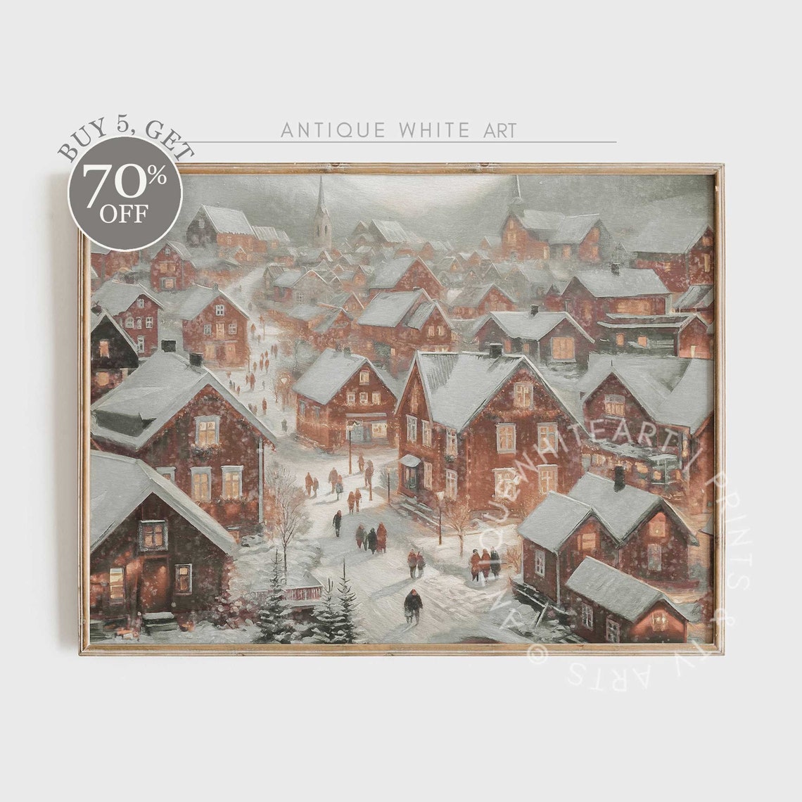 Winter Wall Art Christmas Oil Painting Snowy Village Print Festive Holiday Home Decor Farmhouse Christmas W39