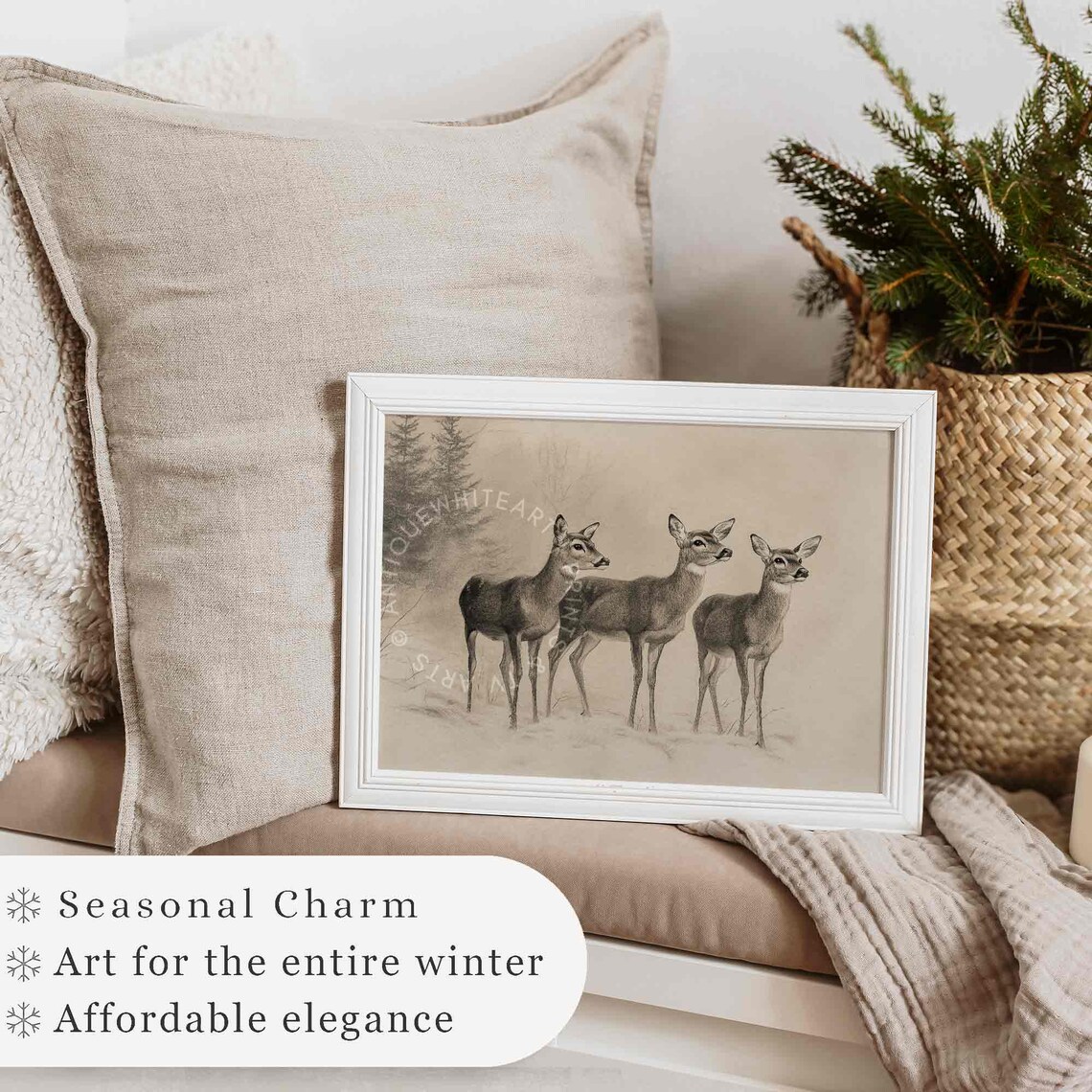 Rustic Christmas Deer Wall Art, Winter Reindeer Drawing - Image 2