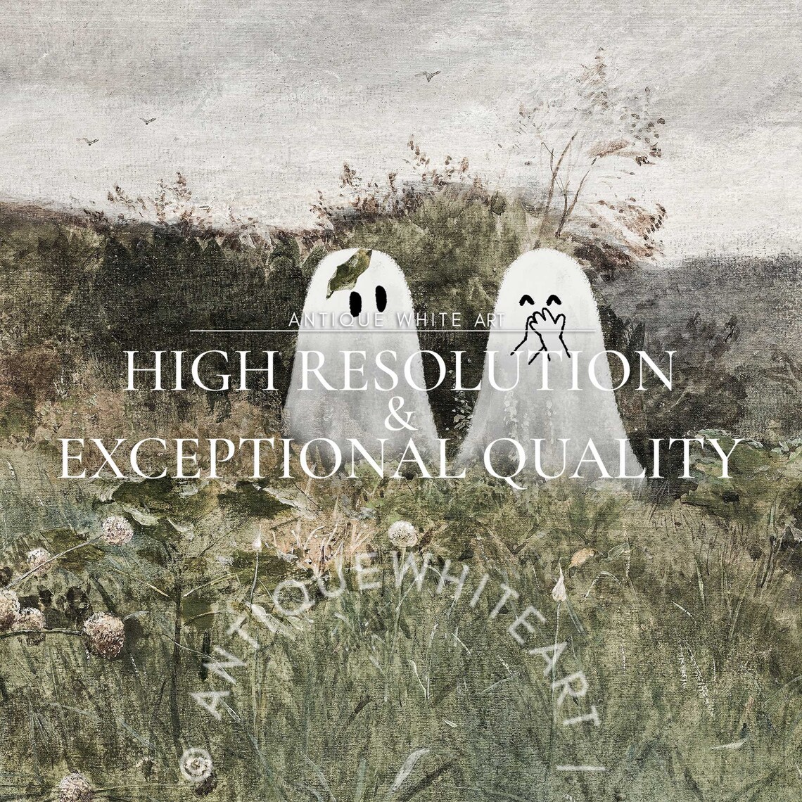 Two Cute Ghosts Peeking Green Meadow Vintage Halloween Wall Art Print - Image 4