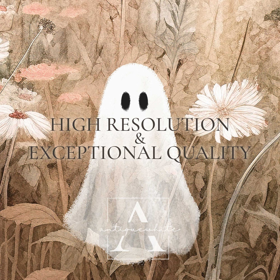 Cute Ghost Daisy Wildflower Meadow Blush Neutral Halloween Art Print - Image 4