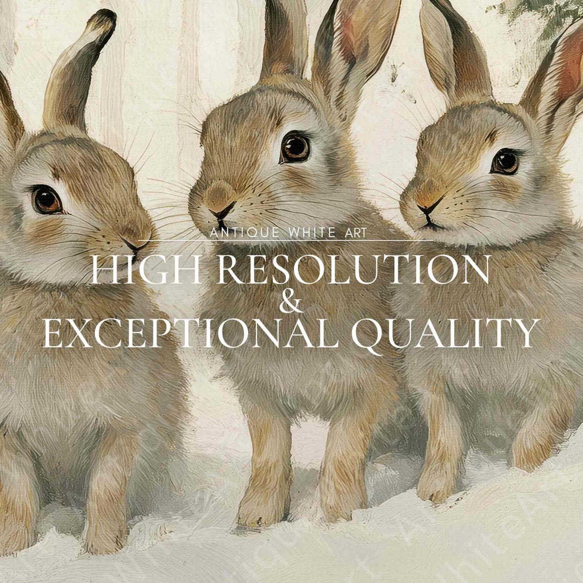 Three Bunnies In Snowy Forest Vintage Winter Painting Wall Art - Image 4