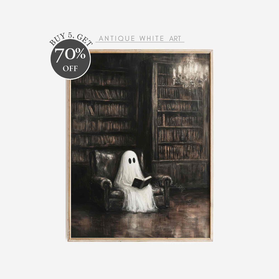Ghost Reading Book Dark Vintage Library Spooky Cute Halloween Poster
