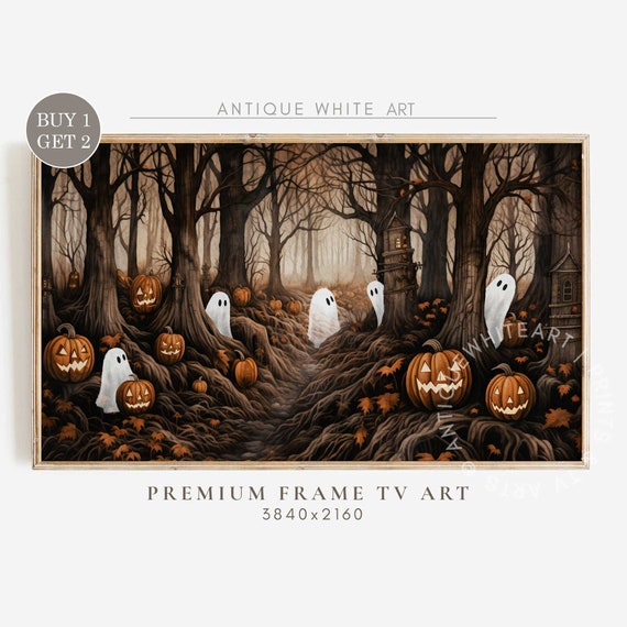Halloween Cute Ghosts and Pumpkins, Vintage Forest
