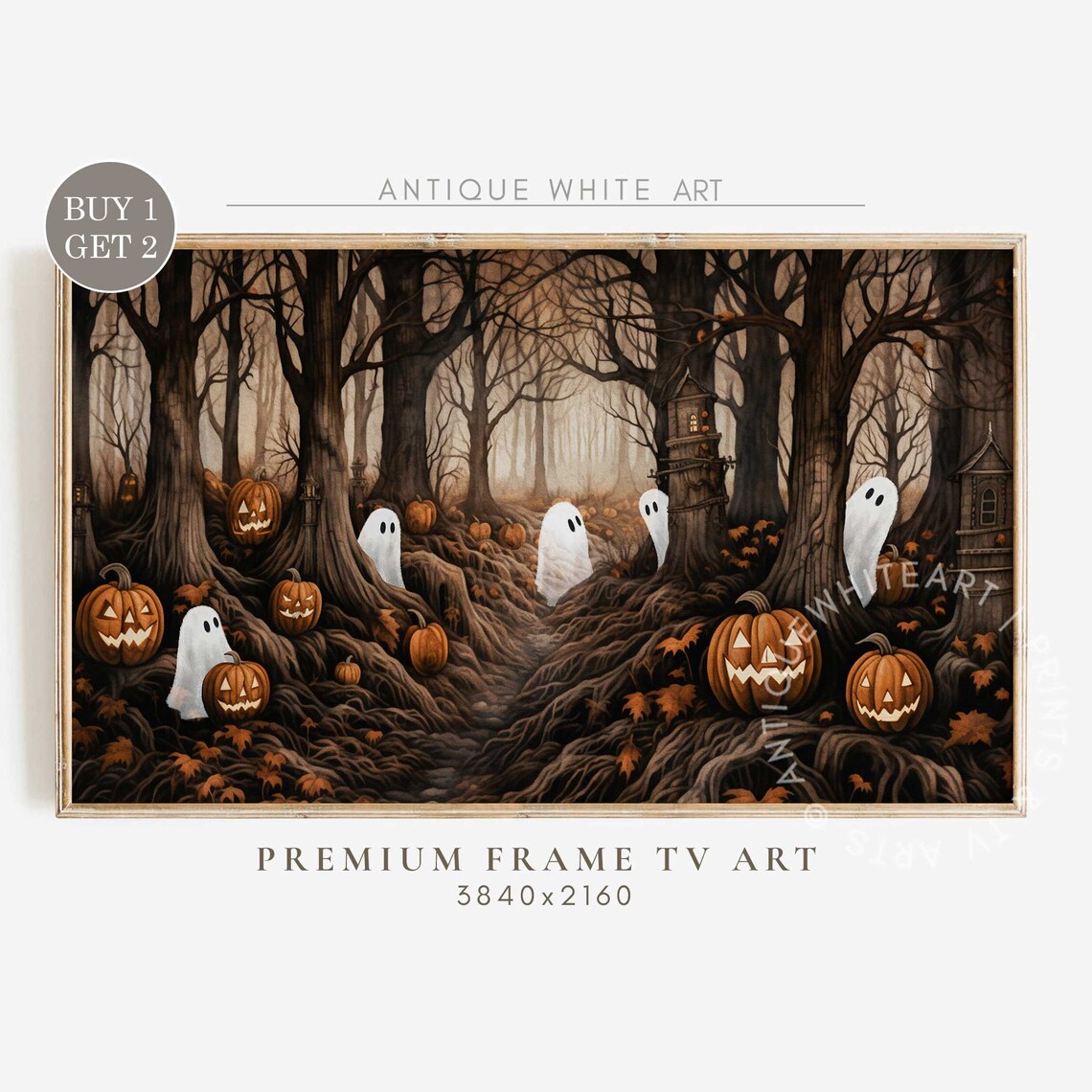 Halloween Cute Ghosts and Pumpkins, Vintage Forest