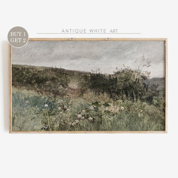 Wildflower Field Landscape, Vintage Meadow Art Print