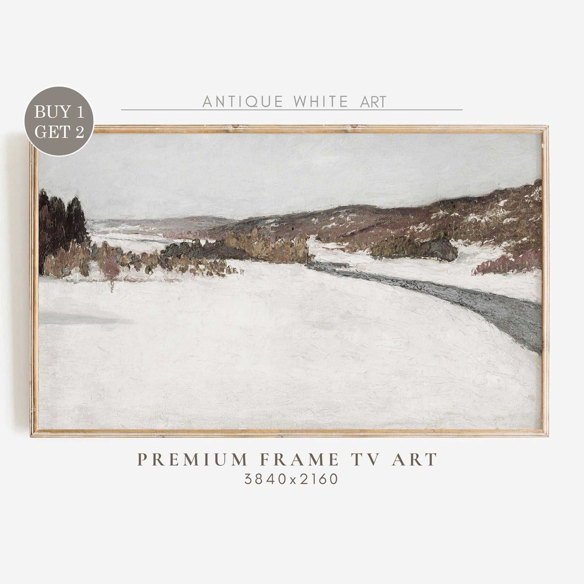Vintage Snowy Winter River Landscape Neutral Farmhouse Wall Art Print