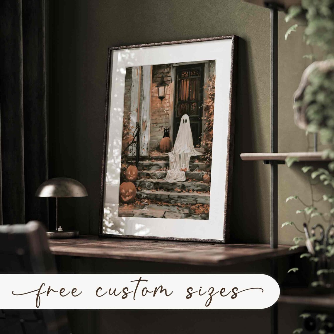 Spooky Cute Ghost On Rustic Porch Steps Autumn Pumpkin Farmhouse Halloween Poster - Image 4
