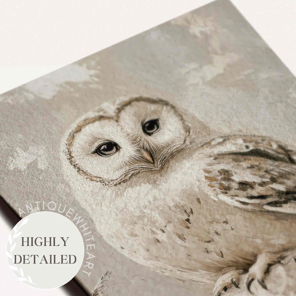 White Snowy Owl On Winter Stump Neutral Beige Wall Art Print - Image 4