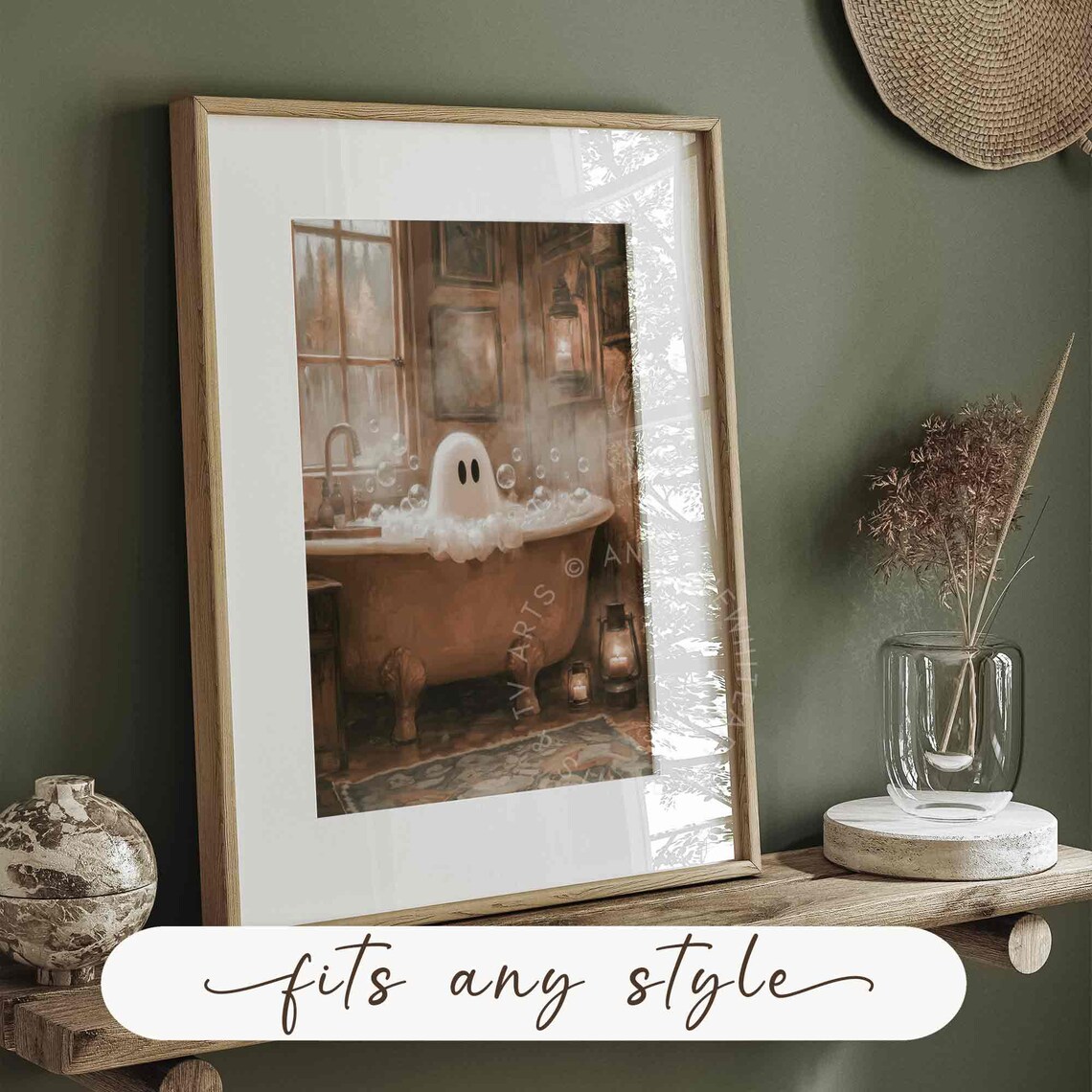 Funny Ghost Halloween Bathroom Art Print, Rustic - Image 3