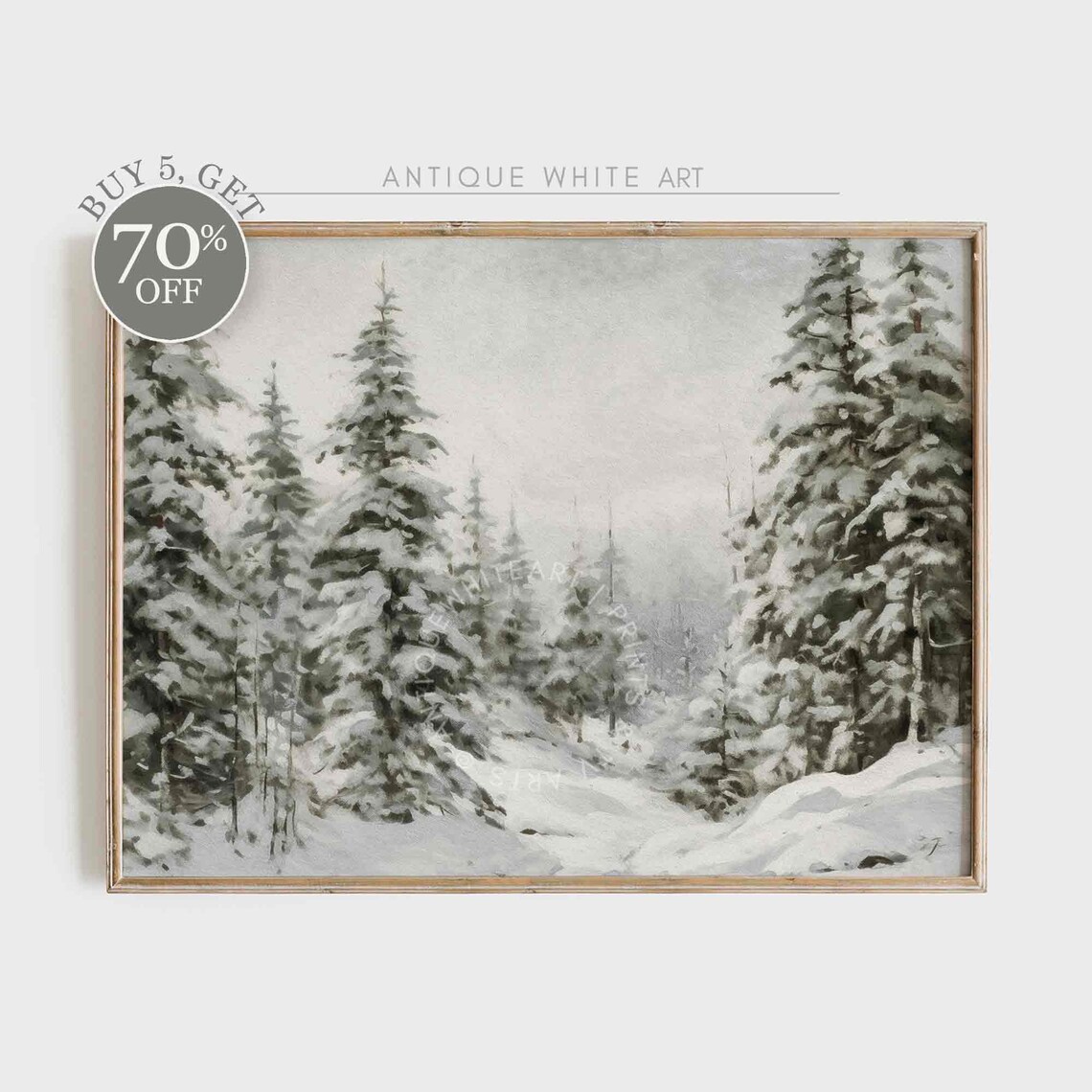 Snowy Winter Pine Forest Art Print, Farmhouse Rustic