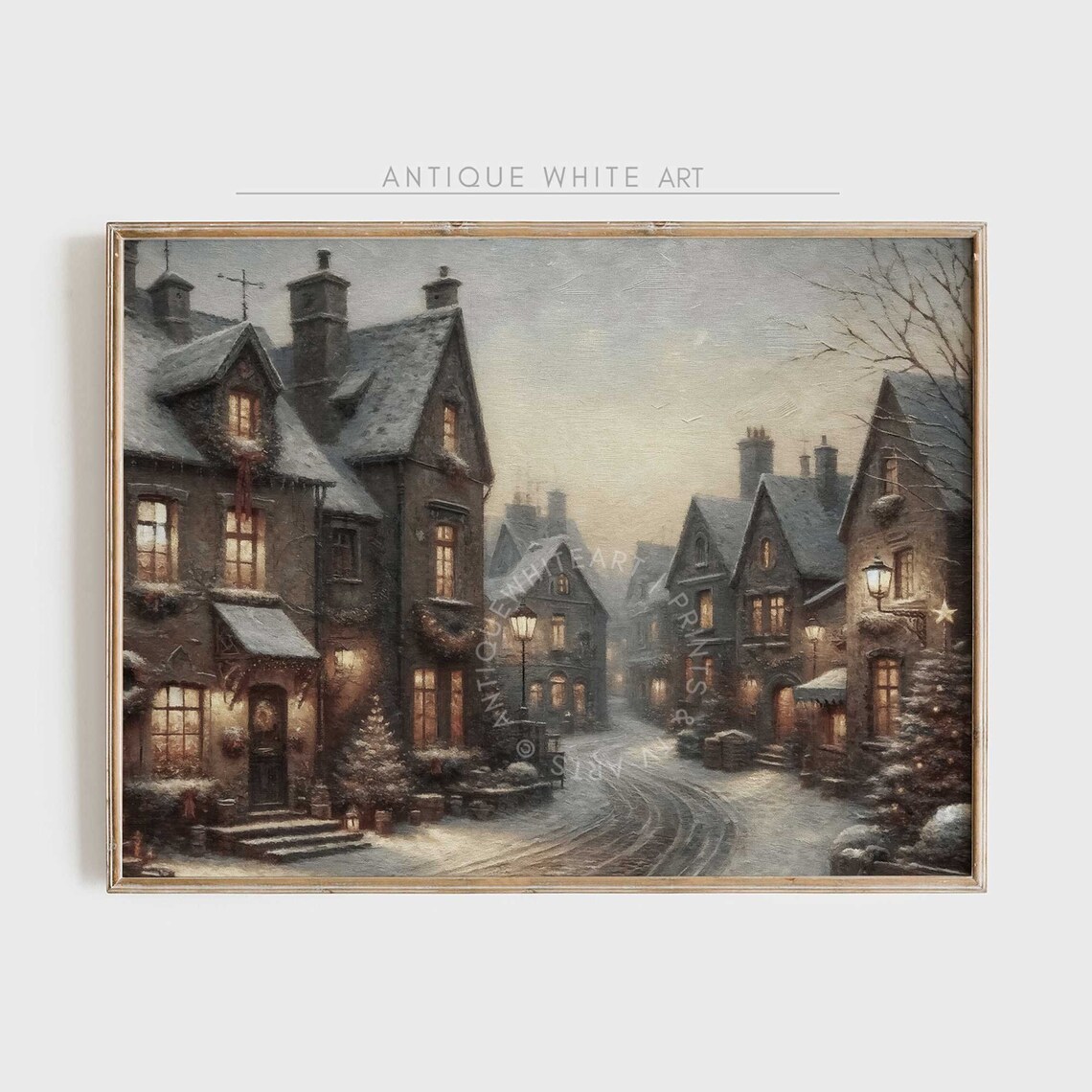 Vintage Town Christmas Wall Art Moody Winter Village Print Farmhouse Christmas Decor Christmas Painting W68