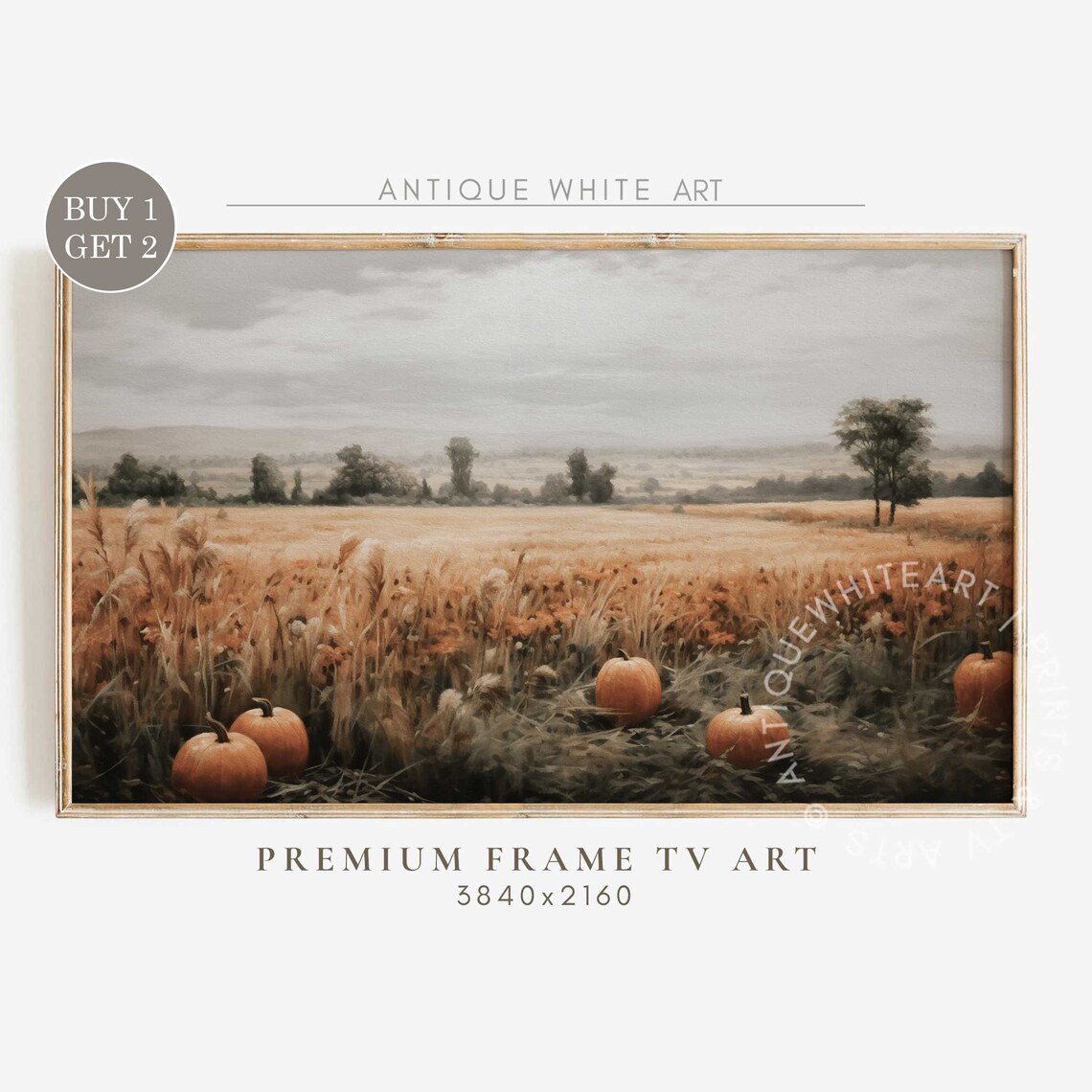 Golden Fall Wheat Field Pumpkins Harvest Vintage Landscape Painting Poster