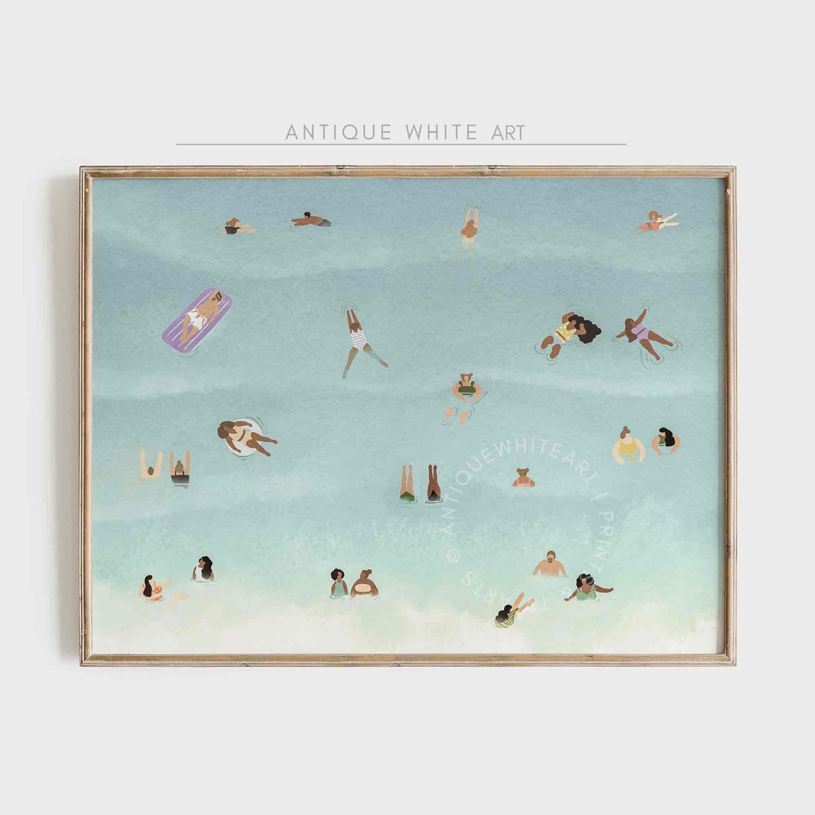 Aerial Beach Swimmers Turquoise Sea Playful Coastal Pool Party Poster