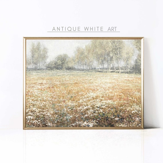 Wildflower Field Landscape, Vintage Farmhouse Art Print