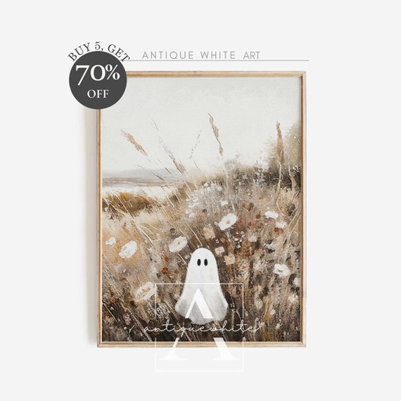 Halloween Wildflower Wall Art Cute Ghost Oil Painting Spooky Halloween Decor Farmhouse Wall Decor Print A84