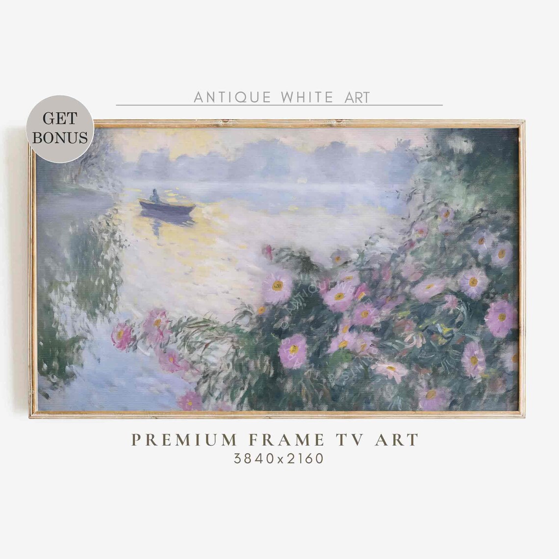 Misty Lake Rowboat Pink Wildflowers Impressionist Watercolor Style Poster - Image 4