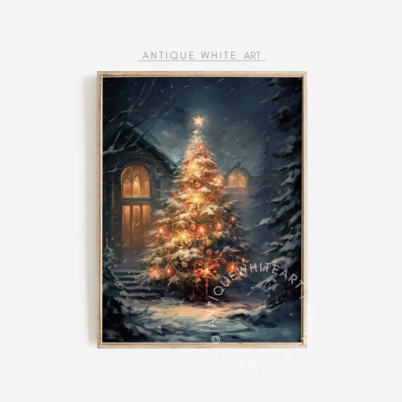 Vintage Christmas Tree Print Moody Winter Wall Art Farmhouse Christmas Decor Christmas Tree Painting W23