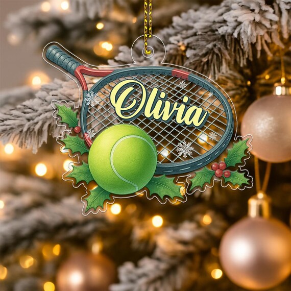 Personalized Olivia Tennis Racket Holly Christmas Ornament Poster