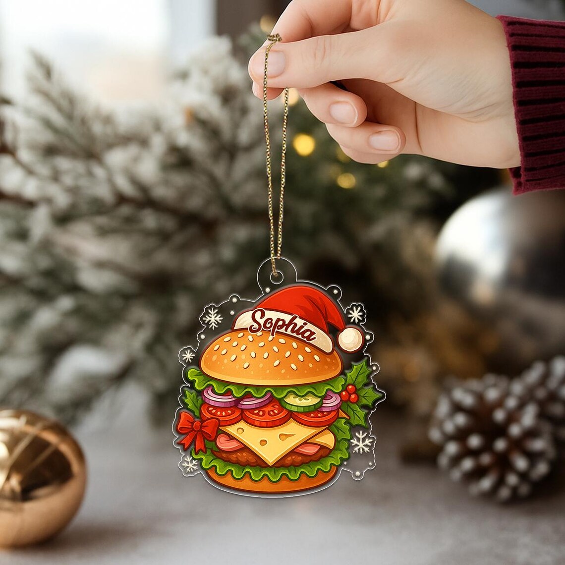 Hamburger Christmas Ornament Custom Name Sophia Santa Hat Food Wall Art