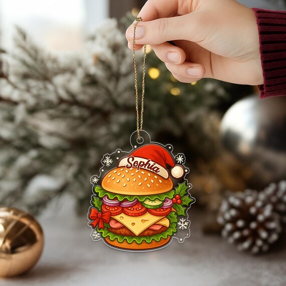 Hamburger Christmas Ornament Custom Name Sophia Santa Hat Food Wall Art