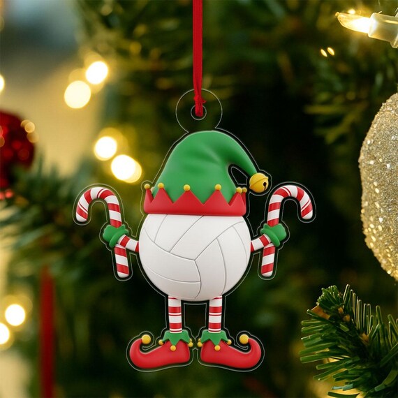 Volleyball Christmas Elf Ornament Acrylic Candy Cane Arms Holiday Wall Art