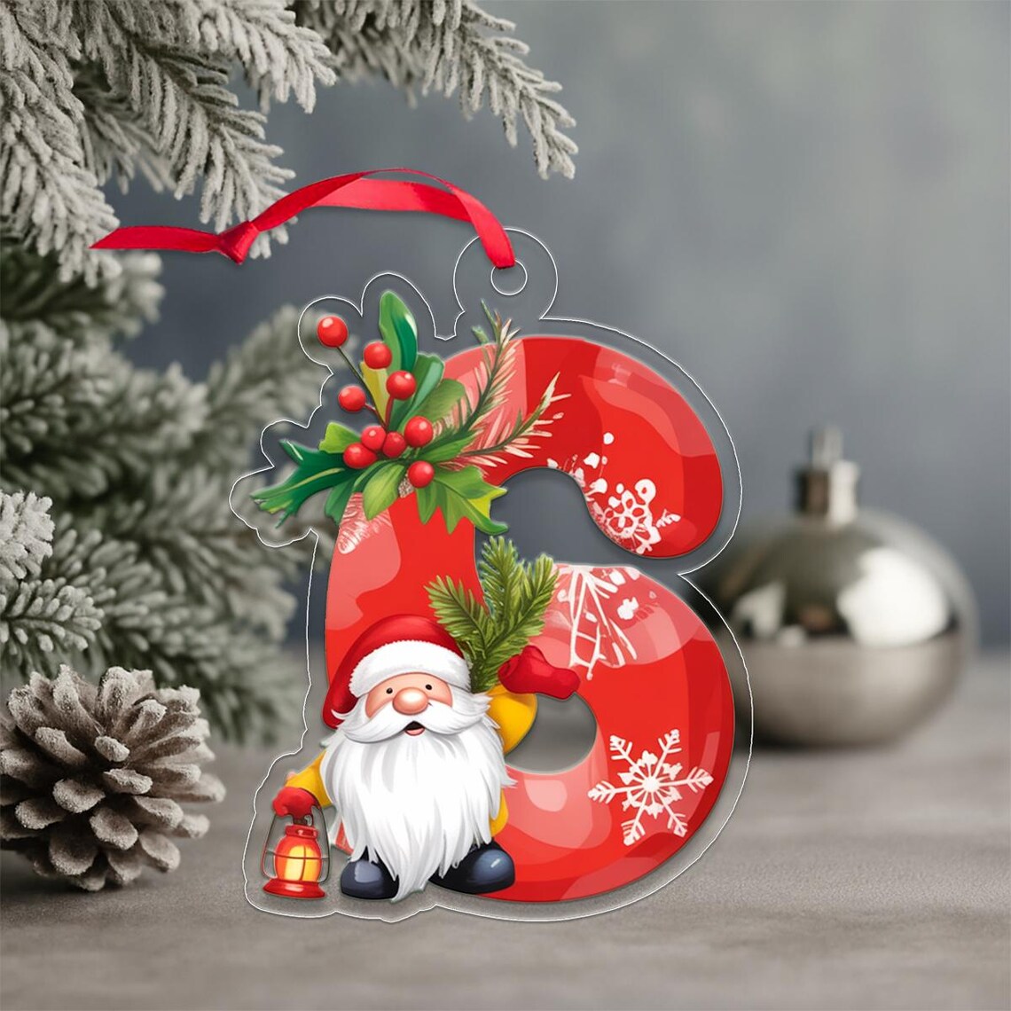 Red Letter B Christmas Ornament With Santa Gnome Holly and Snowflake Poster