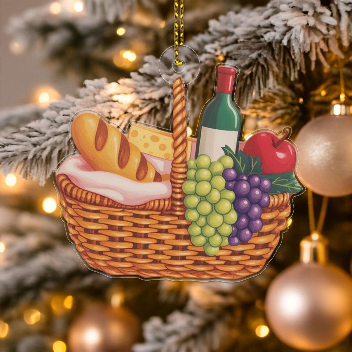 Wine Bread Cheese Picnic Basket Christmas Tree Ornament Foodie Gift Print