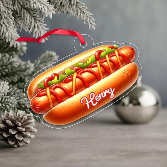 Hot Dog Christmas Ornament Custom Name Henry Ketchup Mustard Fun Wall Art