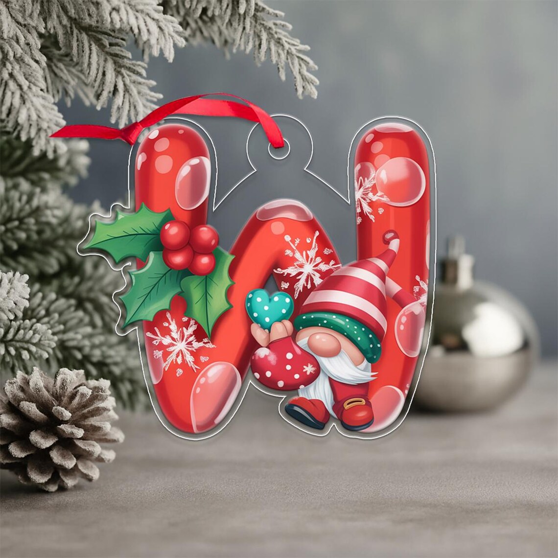 Red Letter W Christmas Ornament With Gnome Holly Berries Snowflake Poster