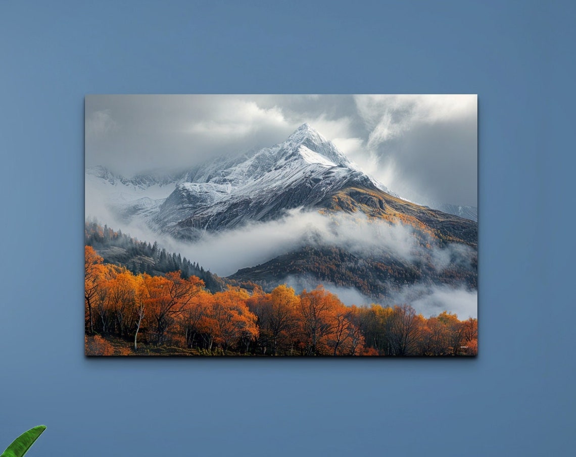 Snowcapped Mountain Peak Mist Autumn Orange Trees Landscape Wall Art