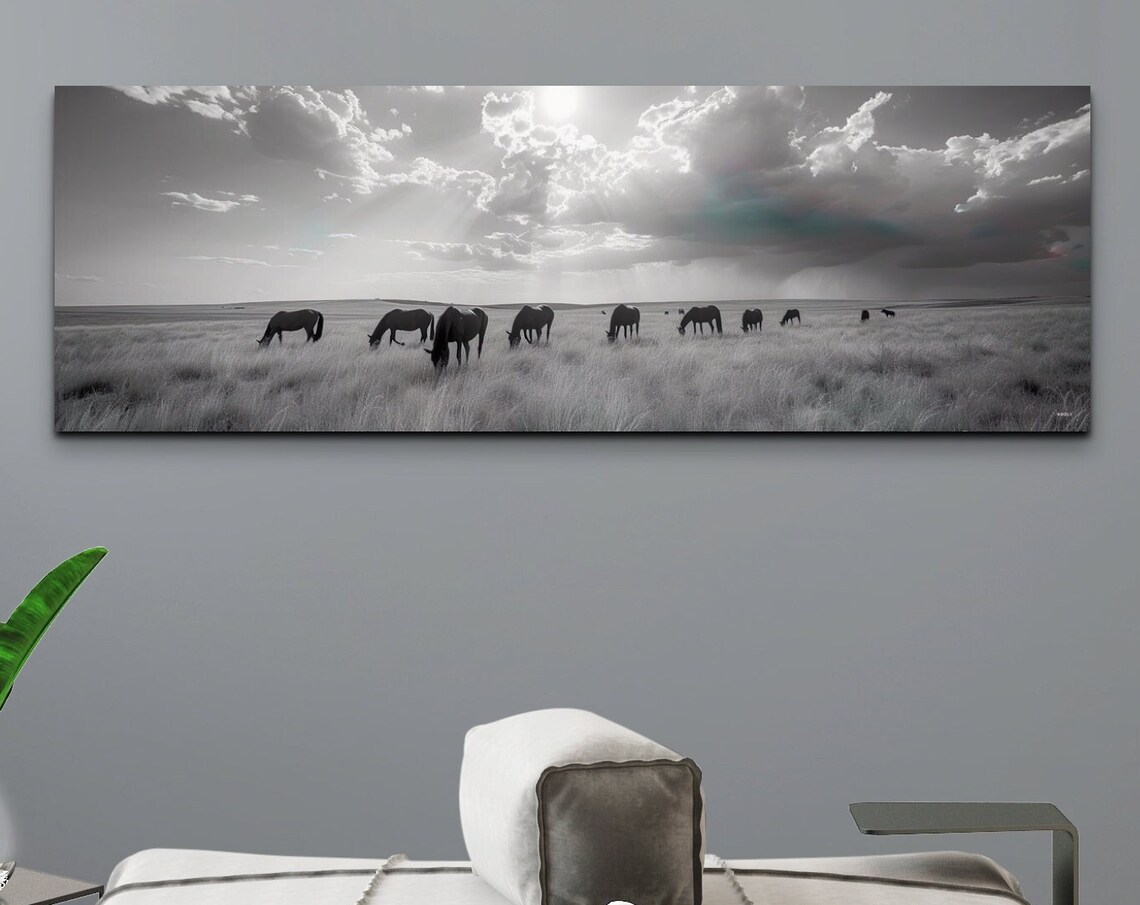Panoramic Wild Horse Black And White Art Print
