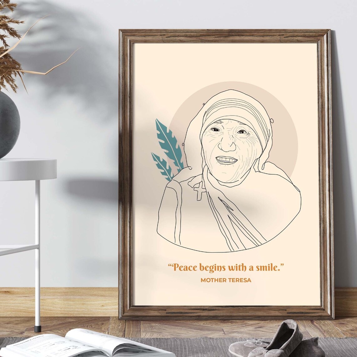 Mother Teresa Peace Begins With A Smile Line Art Portrait Poster - Image 2