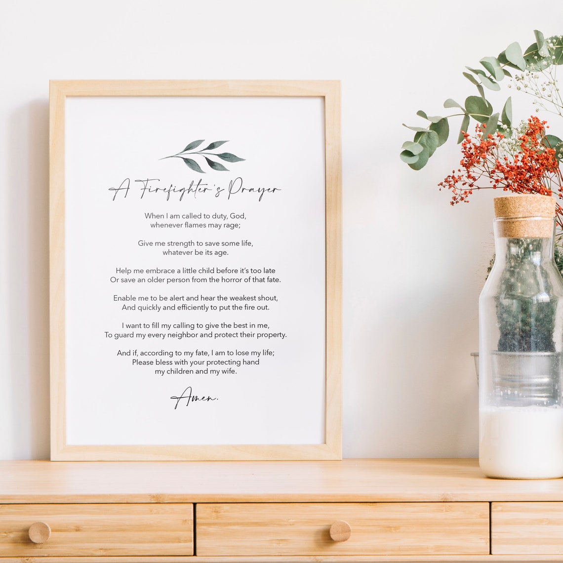 Firefighters Prayer Minimalist Botanical Inspirational Gift Print