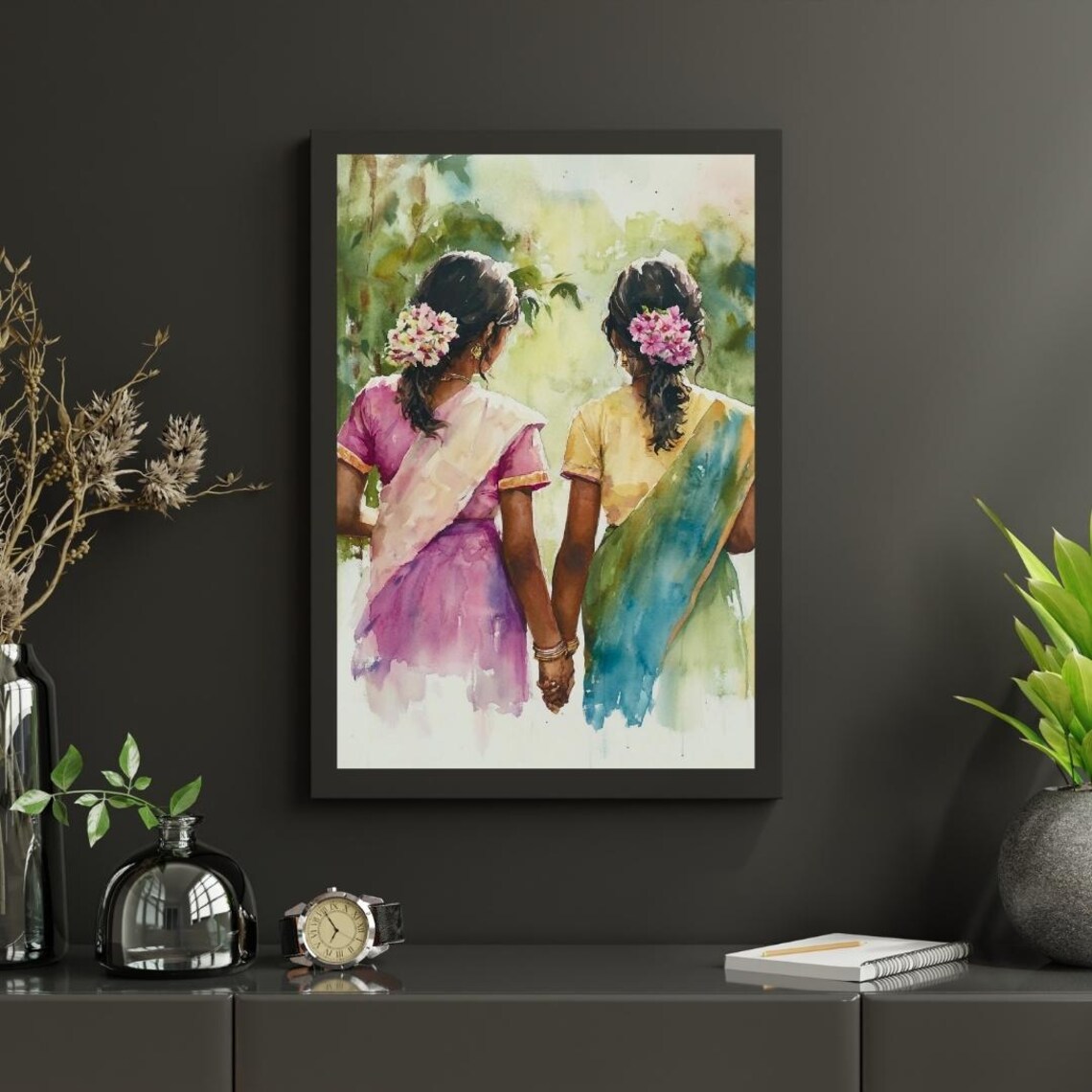 South Indian Friends Holding Hands Sari Watercolor Art Poster - Image 3