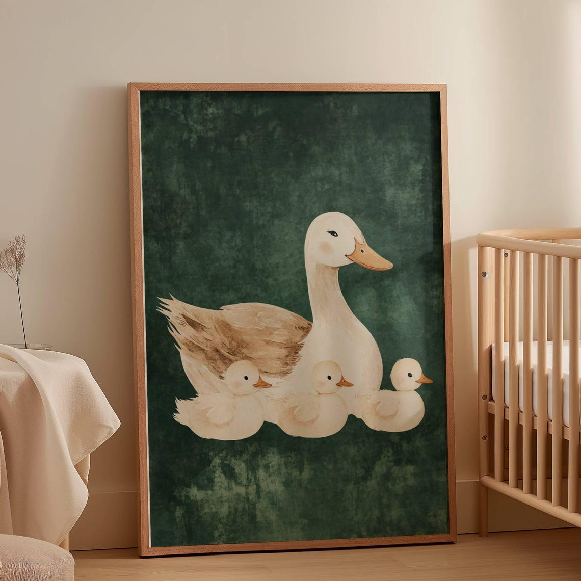 Mother Duck With Three Ducklings Green Nursery Decor Art Poster - Image 2