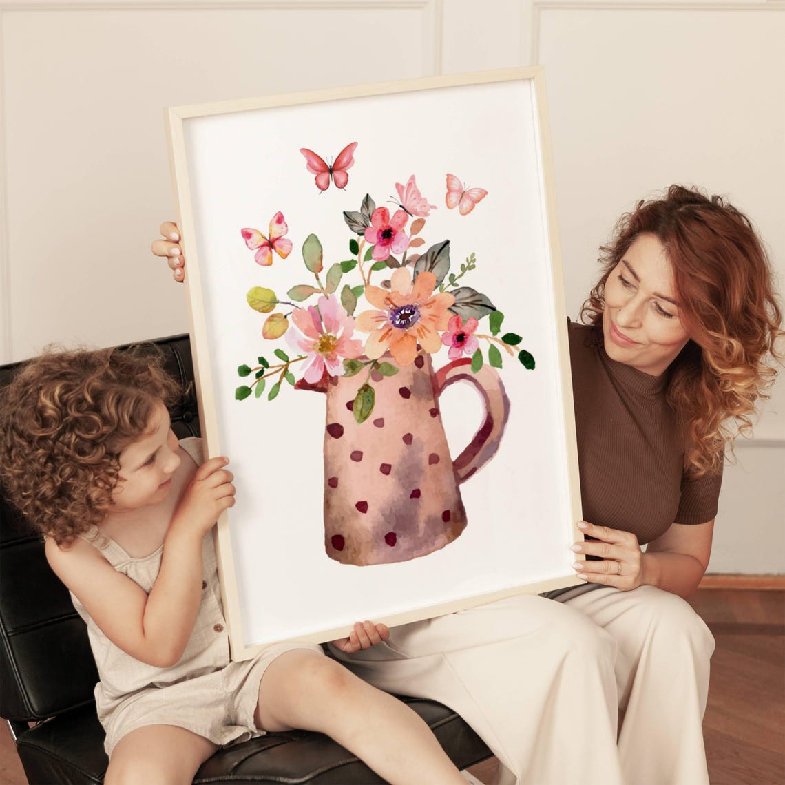 Pink Floral Bouquet In Dotted Pitcher Watercolor Gift Art Poster - Image 3
