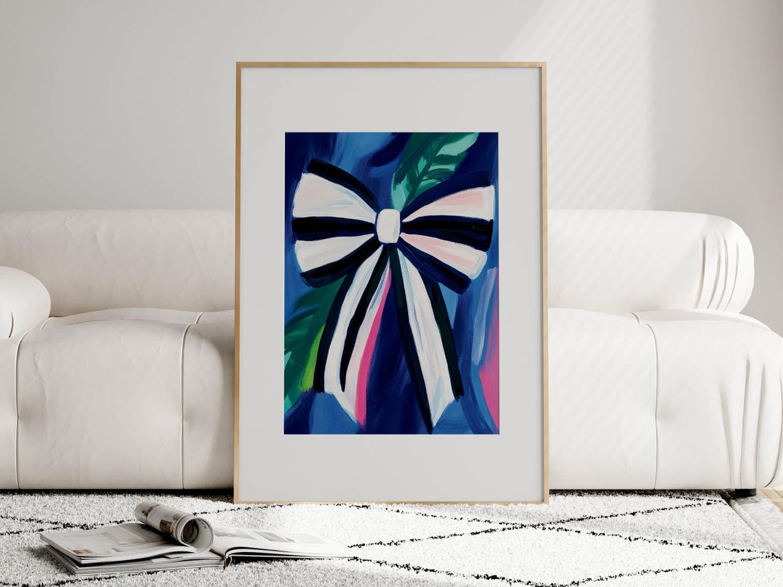 Striped Ribbon Bow on Blue Background Preppy Coquette Room Art Poster - Image 2