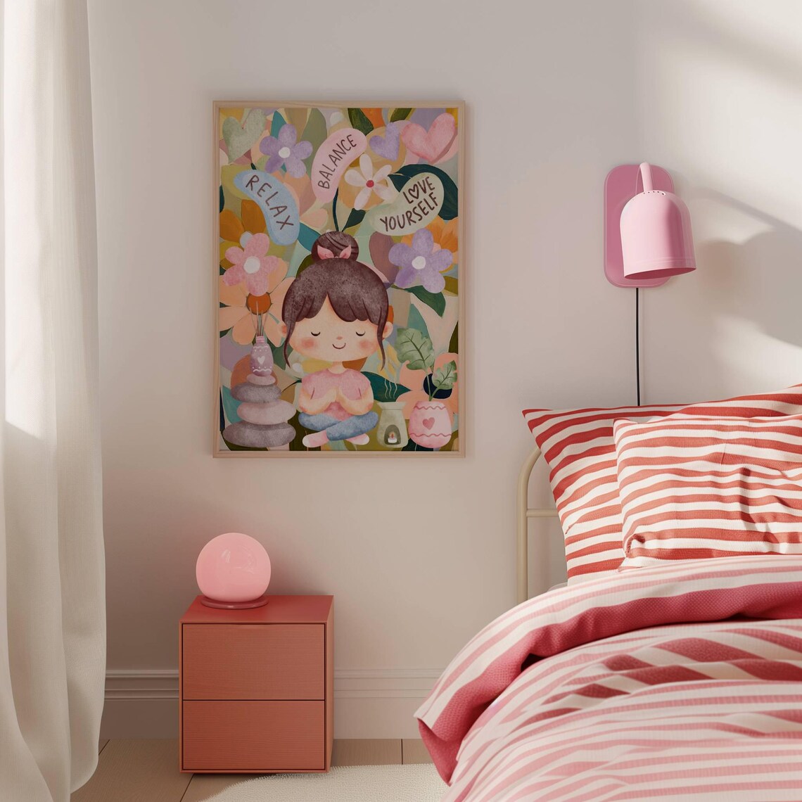 Relax Balance Love Yourself Meditating Girl Floral Mindfulness Poster - Image 3