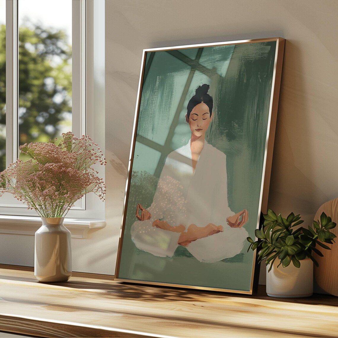 Woman Meditating in White Robe Green Background Yoga Zen Mindfulness Poster - Image 5