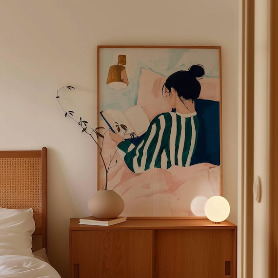 Woman Reading in Bed Cozy Book Lover Illustration Green Stripe Wall Art