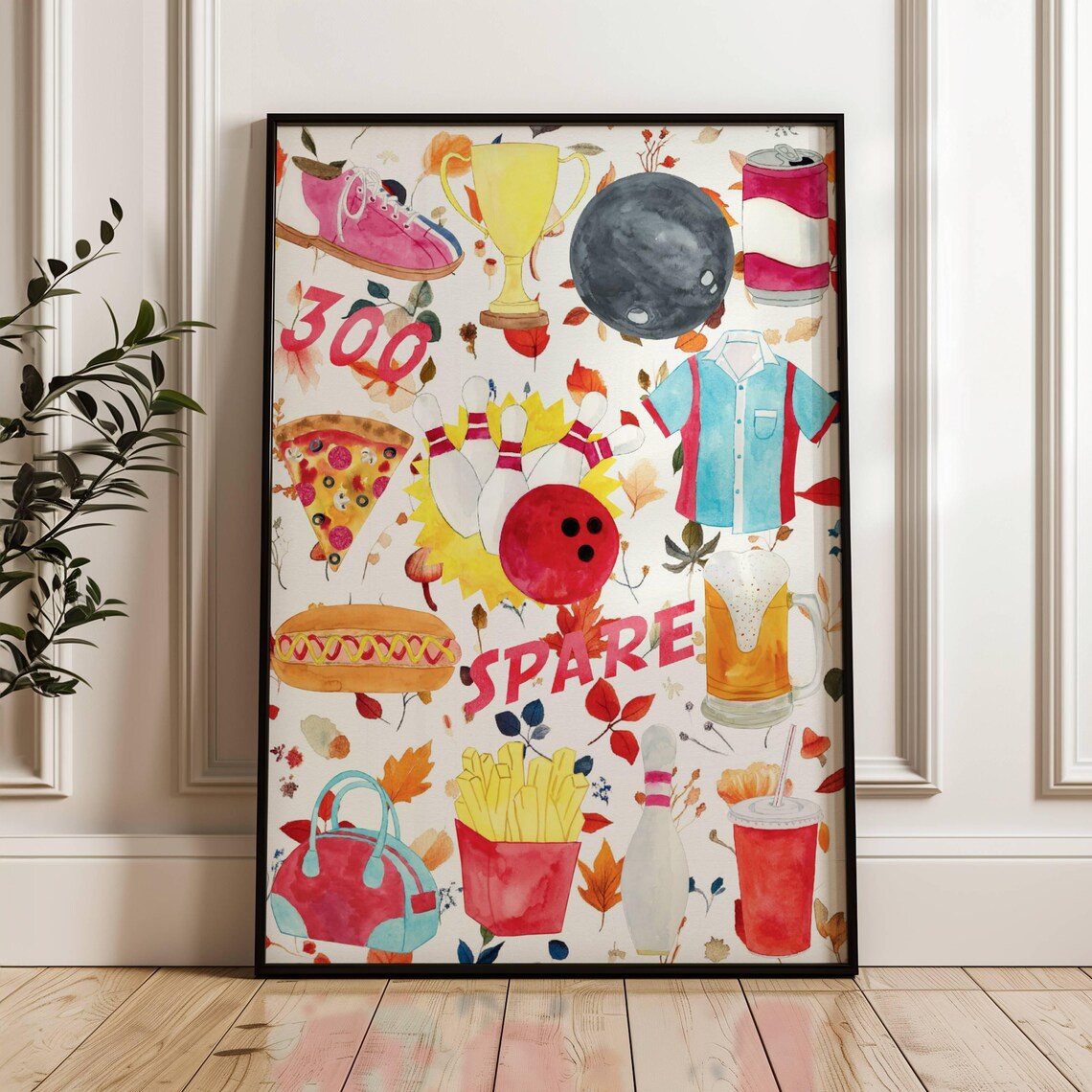 Retro Bowling Party Collage Strike Spare Watercolor Art Poster
