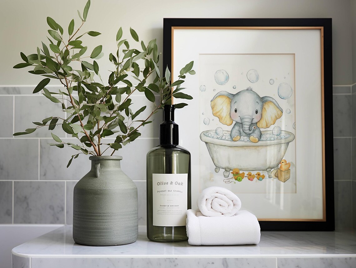Cute Baby Elephant in Bubble Bath Tub Watercolor With Rubber Ducks Poster - Image 4