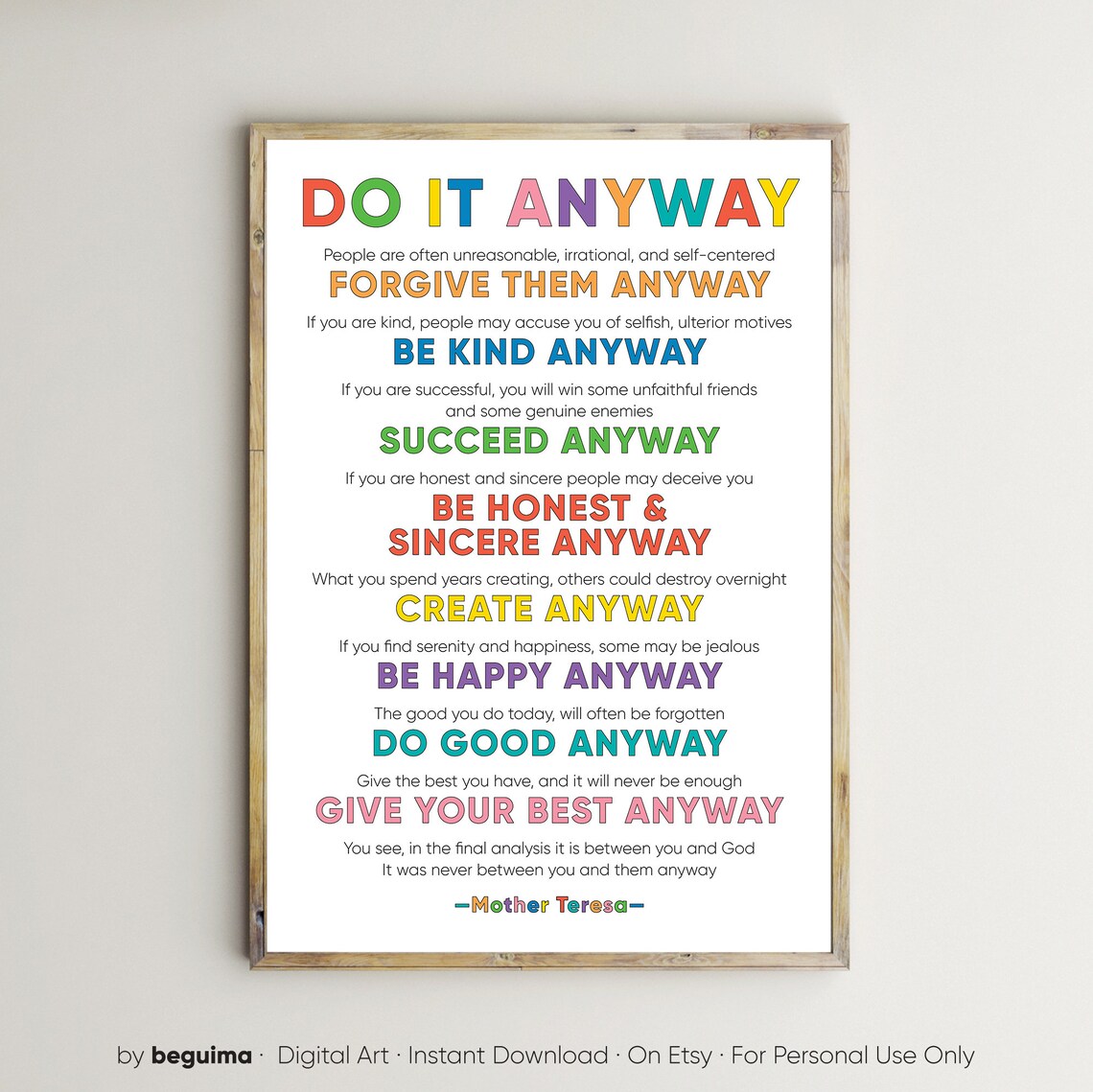 Mother Teresa Do It Anyway Inspirational Quote Art Print