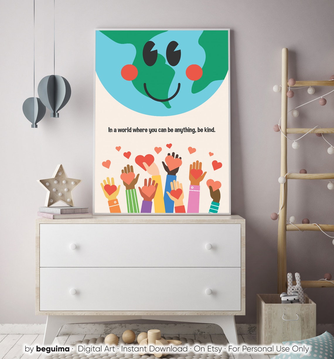 In A World Be Kind Smiling Earth Hands Hearts Classroom Poster - Image 3