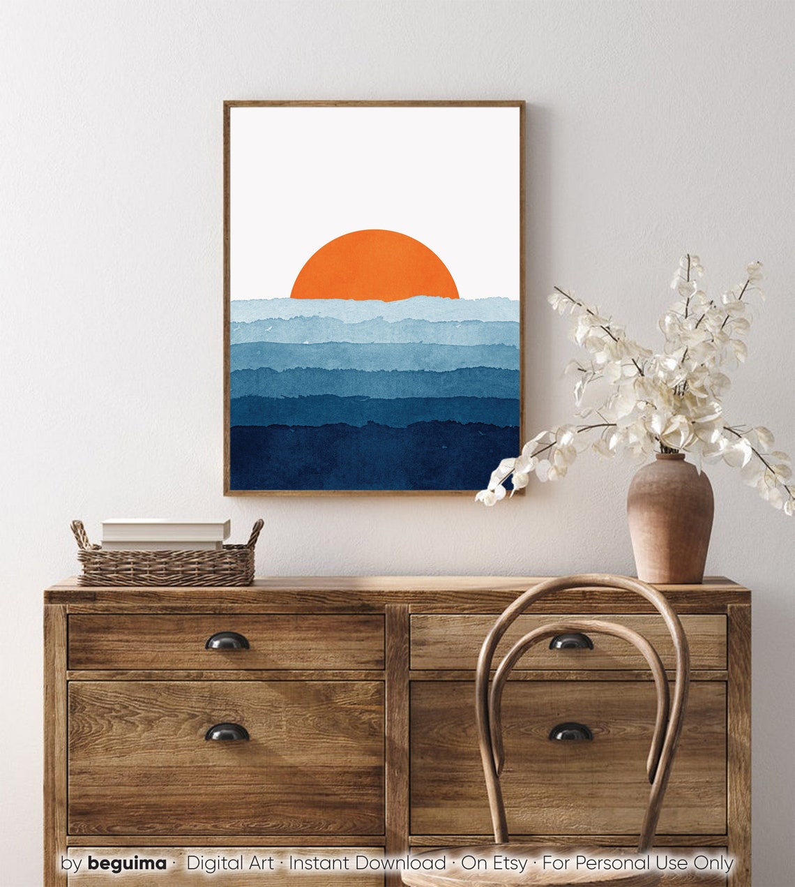 Watercolor Sunset Orange Sun Over Blue Sea Layers Coastal Art Poster - Image 4